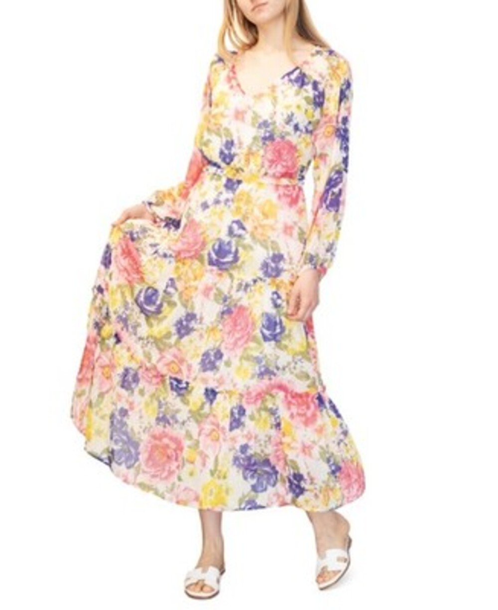 Dylan Ryan Floral-Print Tiered Midi Dress Junior's Small White Multicolor